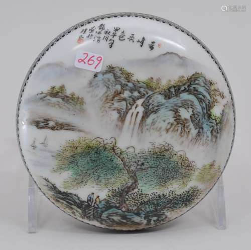 Porcelain seal paste box. China. Republic period. Landscape decoration. Signed. 4-1/4