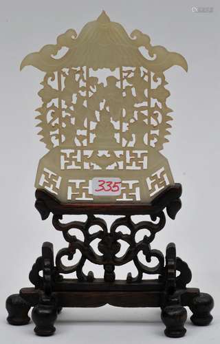 Jade carving. 19th century. Carving of a Pavillion with the Immortals. Carved fitted stand. 3-1/2