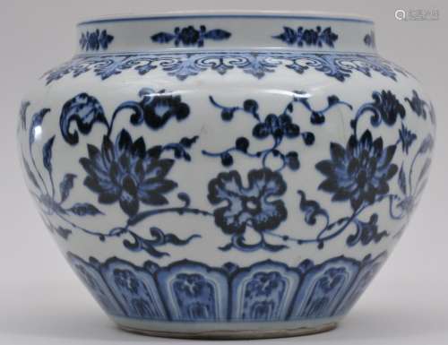 Porcelain jar. China. 20th century. Ming style underglaze blue lotus scroll decoration. 8