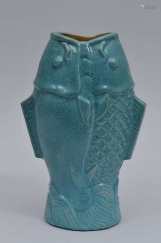 Pottery vase. China. Early 20th century. Double fish form. Turquoise glaze. Impressed China mark on the base. 9-1/2