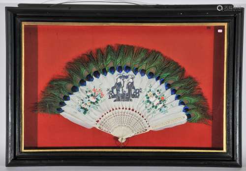 Shadow box. Interior - A Chinese Export fan. Peacock feathers. Painted details. Frame measures 31