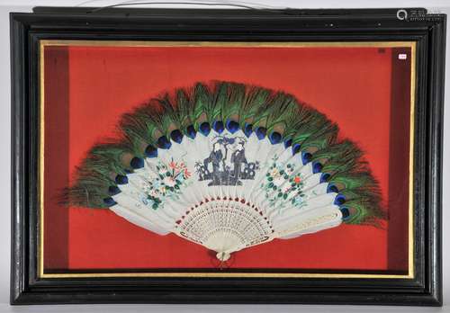 Shadow box. Interior - A Chinese Export fan. Peacock feathers. Painted details. Frame measures 31