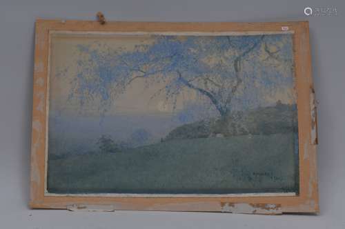 Hiroshi Yoshida. Original watercolor painting. Blue tone sunset landscape. Unframed. Sight size: 13-3/4