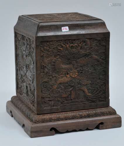 Wooden seal case. China. 20th century. Rosewood carved with dragons, pearls and clouds. 7-3/8