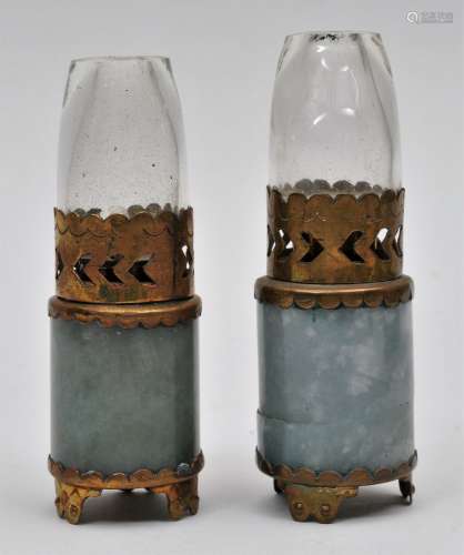 Pair of Opium lamps. Jade, brass and glass. China. Early 20th century. 4