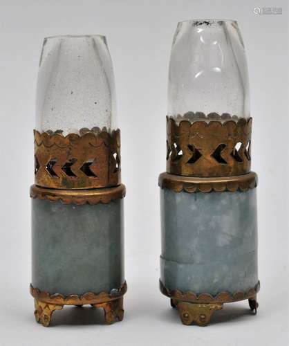 Pair of Opium lamps. Jade, brass and glass. China. Early 20th century. 4