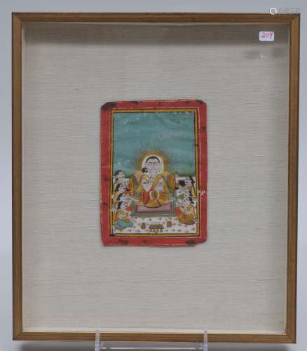 Miniature painting. India. 19th century. Ink, mineral pigments and gilt on heavy paper. Scene of Saivite sait with devotees. 5