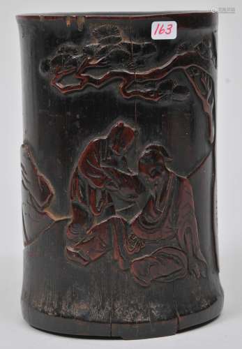 Bamboo brush pot. China. 18th century. Carving of the T'ang Dynasty Poet Li Po with an attendant. 6