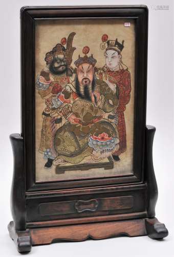 Table screen. China. 19th  century. Central panel depicting The Gods of War in ink and colours on paper. 19-3/4