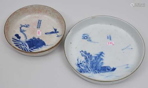 Lot of two porcelain trays. Chinese Export for the Thai or Vietnamese market. 19th century. Underglaze blue decoration of fishermen. Marked Nei Fu 