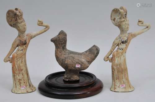 Lot of three Tomb figures. To include: A rooster, probably Han period together with wo T'ang style dancers. 5-1/2