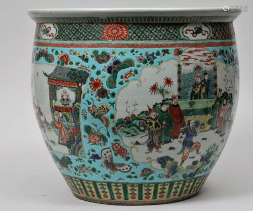 Porcelain planter. China. 19th century. Famille Verte decoration of historical scenes on a turquoise ground decorated with flowers and butterflies. 15-3/4