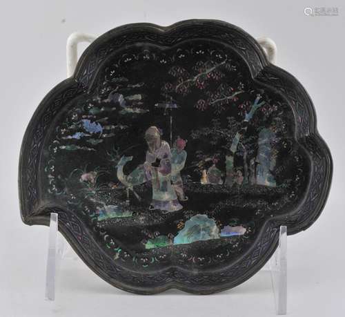 Lac Burgaute tray. China. 18th century. Leaf shaped. Decoration of The God of Longevity Shao Lao with an attendant. 5