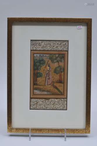 Miniature painting. India. 20th century. Scene of a woman with a peacock. 7-1/4