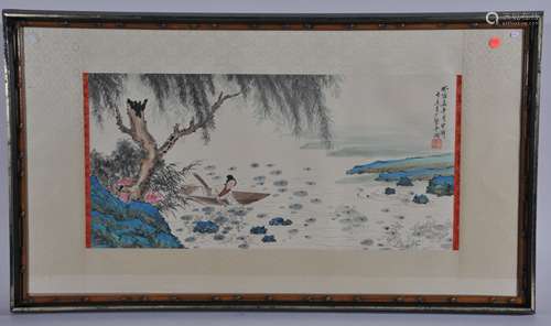 Handscroll. China. 20th century. Ink and colours on paper. Blue and green style scene of a woman in a boat. Signed and with a single seal. 26