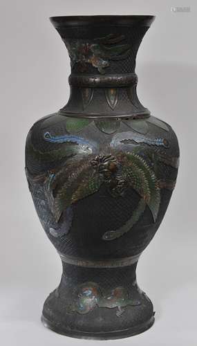 Large bronze vase. Japan. Two piece.  Meiji period (1868-1912). Champleve enamel decoration of a phoenix. Damage at the shoulder. 36