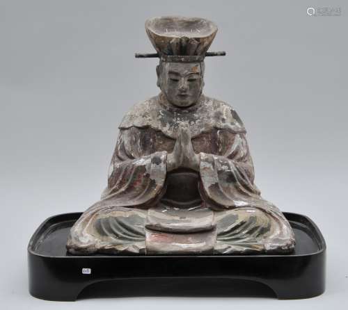 Carved wooden deity. Japan. 19th century or earlier. Polychromed surface. Possibly a figure of Hachiman. 14