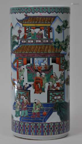 Porcelain umbrella stand. China. 20th century. Famille Rose decoration of children playing. 18-1/2