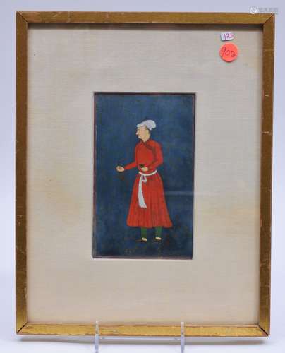 Miniature painting. India. 19th  century. Ink, colours and gilt on heavy paper. Scene of a courtier in a red robe. 7