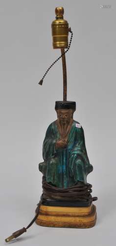 Stoneware figure. China. Ming period (1368-1644). San Tsai glazed immortal. Mounted as a lamp with a Farmer Co. style mount. Figure- 8-1/2