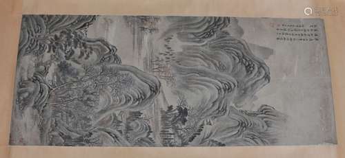 Hanging scroll. China. 19th century. Ink and colours on paper. Landscape. Signed and with six seals. 41-1/2