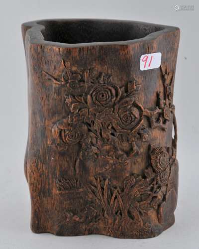 Agarwood brush pot. China. 19th century. Surface carved with flowers. 4