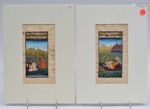 Two miniature paintings. India. 20th century. Ink, colours and gilt on heavy paper. Erotic scenes. 7-1/2