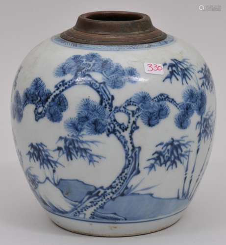 Porcelain jar. China. 18th century. Oviform shape decorated in underglaze blue with the 