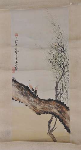 Hanging scroll. China. Early 20th century. Ink and colours on paper. Two cicadas on a branch. 25-1/2