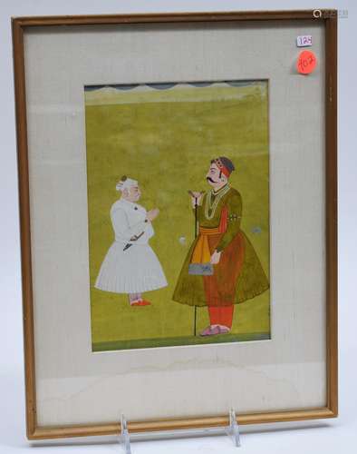 Miniature painting. India. 19th century. Ink, colours and gilt on heavy paper. Scene of a ruler with a courtier. 8-1/2