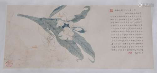 Hanging scroll. China. Early 20th century. Ink and colours on paper. Sprig of flowers with 26