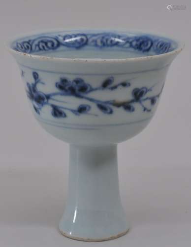 Porcelain stem cup. China. 20th century. Yuan style underglaze blue decoration. 3-3/8