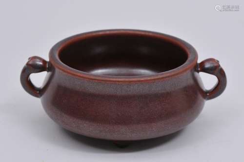 Stoneware censer. China. 20th century. Persimon glaze. Hallmark on the base. 5-1/2