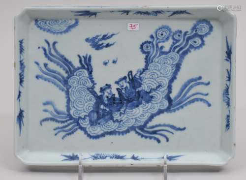 Porcelain tray. China. 19th century. Rectangular form. Underglaze blue decoration of the Ho Ho Erh Hsien. 9-3/4