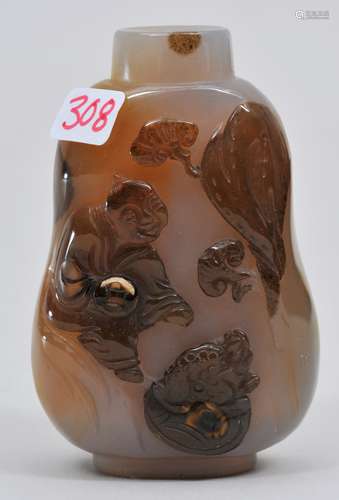 Agate snuff bottle. China. 19th century. Cameo carved with figures and Ling Chih. 2-1/2