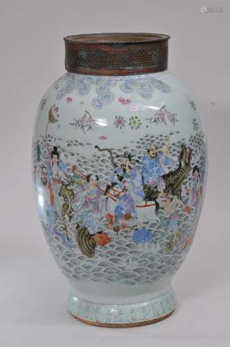 Large porcelain vase. China. 19th century. Oviform shape. Famille Rose decoration of The Immortals. Top fitted with a brass mount for oil lamp. 24