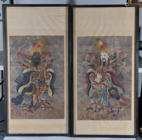 Pair of hanging scrolls. China. 19th century. Ink and colours on paper. Pair of Lokapala guardian figures. 34-1/2