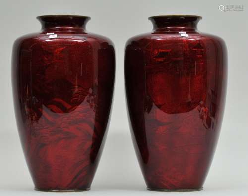 Pair of enamel vases. Japan. Date 1938 on a coin inset in the base. Bas Taille work of an eagle and a temple landscape beneath a pigeons blood ruby red. Possibly Hayashi Kodenji. 13