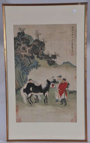 Hanging scroll. China. 18th/19th century. Ink and colours on paper. Scene of three men with a prize horse. Yuan dated signature and 14 seals. 29-1/2