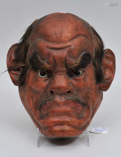 Carved wooden mask. Japan. Meiji period. (1868-1912). Lacquered surface. Glass eyes and fur accents. 10-1/4