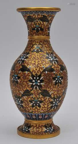 Two Cloisonné vases. China. Republic Period. Decoration of stylized lotus scrolls on a gilt ground. 10-1/2