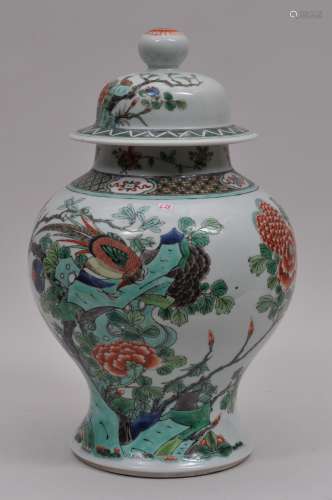 Porcelain covered jar. China. 19th century. Baluster form. Famille Verte decoration of birds and flowers. 16