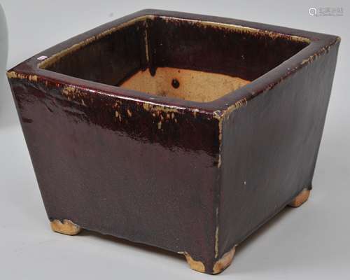 Square stoneware planter. China. Early 20th century. Lang Yao glaze of purple and red.   12