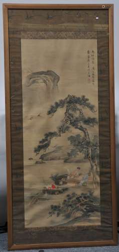 Hanging scroll. Japan. 19th century. Ink and  colours on silk. Scene of scholars beneath a pine tree. 40