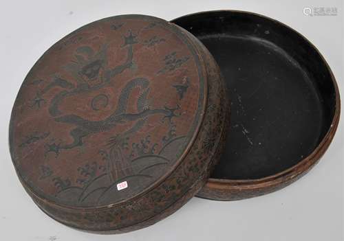 Lacquered box. China. 18th century. Round form. Decoration of dragons, floral scrolling and brocade patterns. 13-1/2