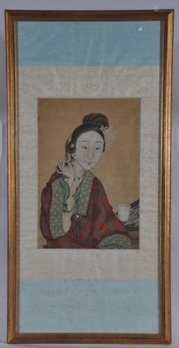 Hanging scroll. China. 19th century. Ink and colours on paper. Scene of a woman. 19