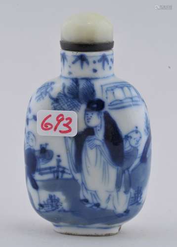 Porcelain Snuff bottle. China. 19th century. Underglaze blue decoration of a scholar with attendants. 2