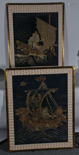 Two embroideries. Japan. 19th century. Fukusa Presentation cloths. Decoration of The Ship of Gods of Wealth. 33