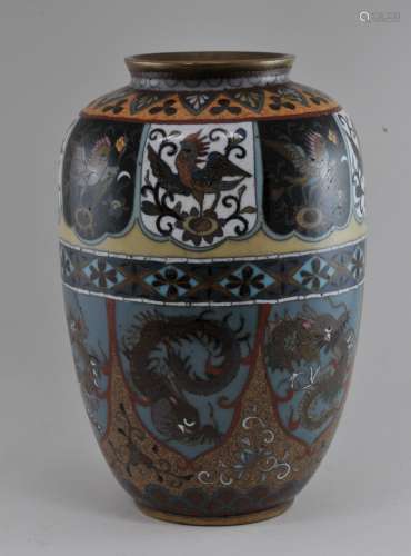 Cloisonné vase. Japan. Meiji period. (1868-1912). Decoration of reserves of phoenixes in the upper register. Dragons in the lower. 6
