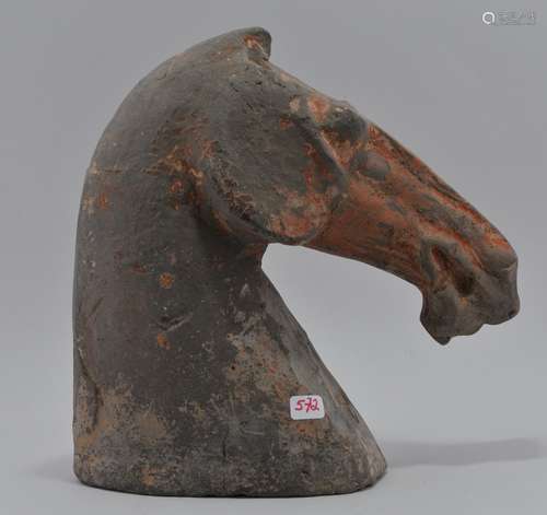 Pottery horse head. China. Han period (2nd BC- 2nd AD). Traces of red pigment remaining. 6-1/2